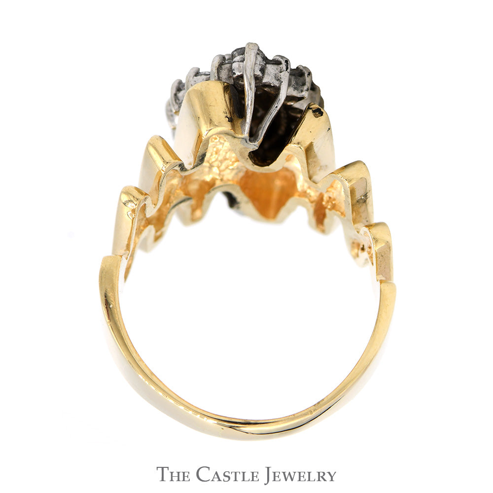 Marquise Shaped 3/4cttw Round Diamond Cluster Ring with Zig Zag Designed Sides in 10k Yellow Gold