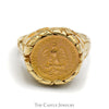Mexican Dos Pesos Coin Ring with Leaf Designed Textured Mounting in 14k Yellow Gold - Thumbnail 1