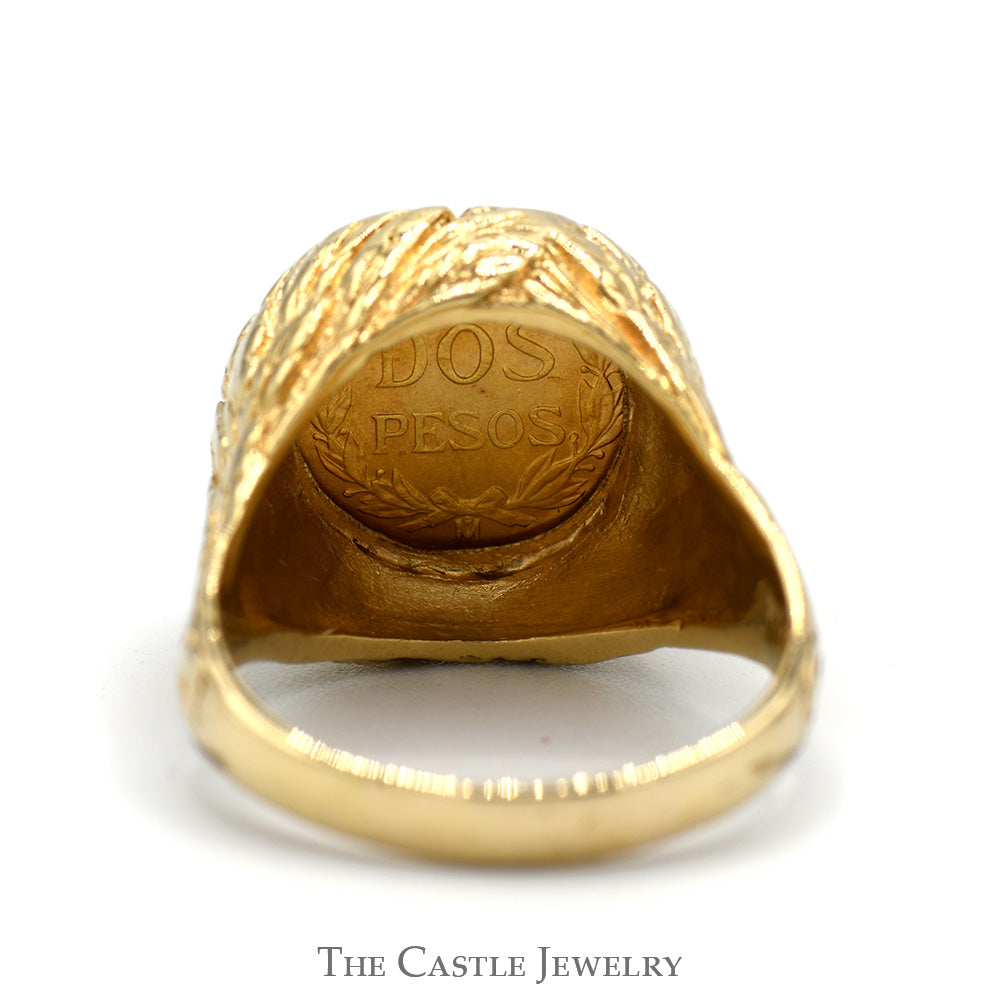 Mexican Dos Pesos Coin Ring with Leaf Designed Textured Mounting