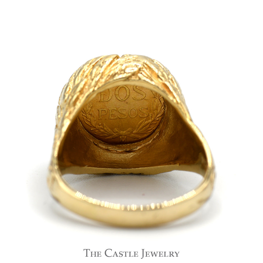 Mexican Dos Pesos Coin Ring with Leaf Designed Textured Mounting in 14k Yellow Gold