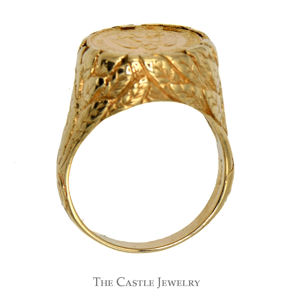 Mexican Dos Pesos Coin Ring with Leaf Designed Textured Mounting in 14k Yellow Gold