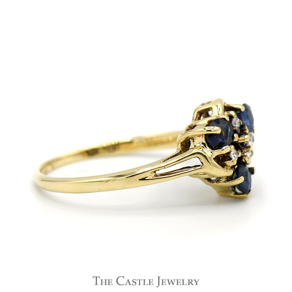 Round Sapphire and Diamond Cluster Ring with Split Shank Sides in 14k Yellow Gold