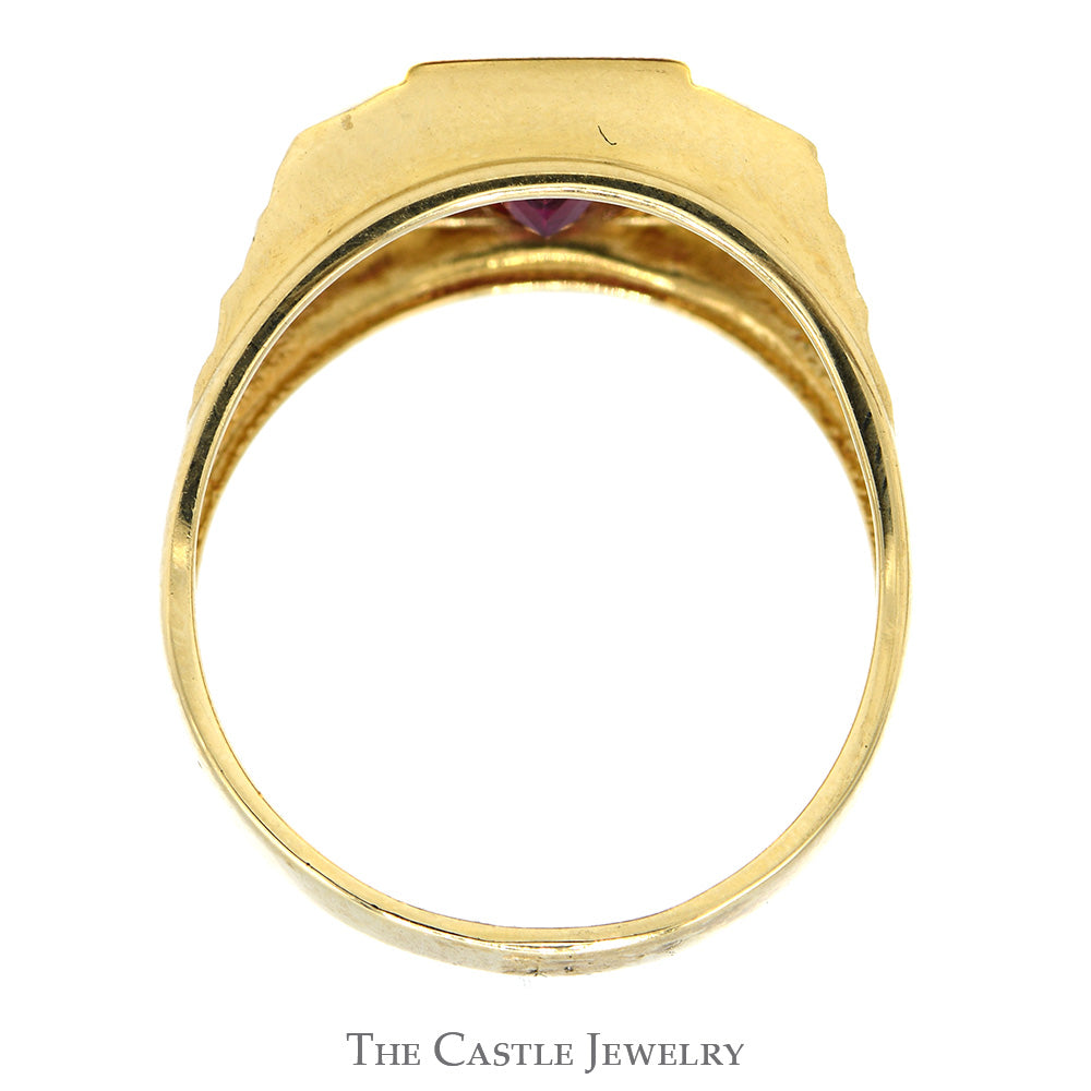 Rectangle Shaped Synthetic Ruby Ring with Channel Set Cubic Zirconia Sides in 14k Yellow Gold