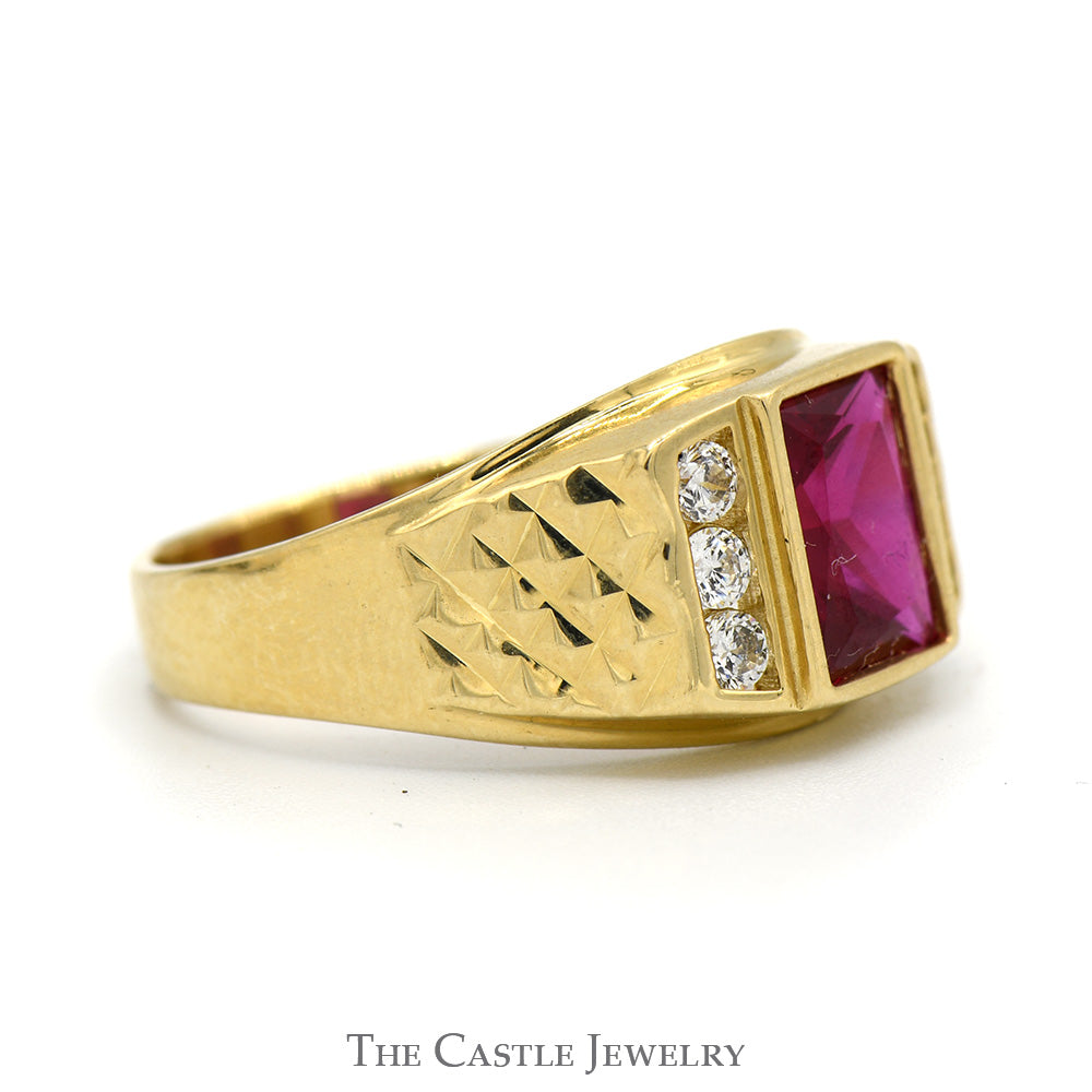 Rectangle Shaped Synthetic Ruby Ring with Channel Set Cubic Zirconia Sides in 14k Yellow Gold