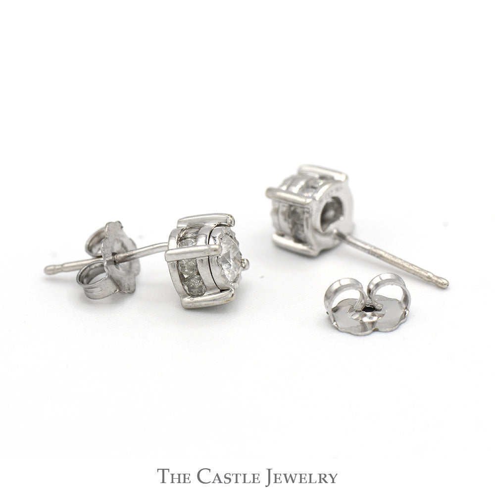 3/4cttw Illusion Set Diamond Stud Earrings with Channel Set Diamond Accents in 10k White Gold