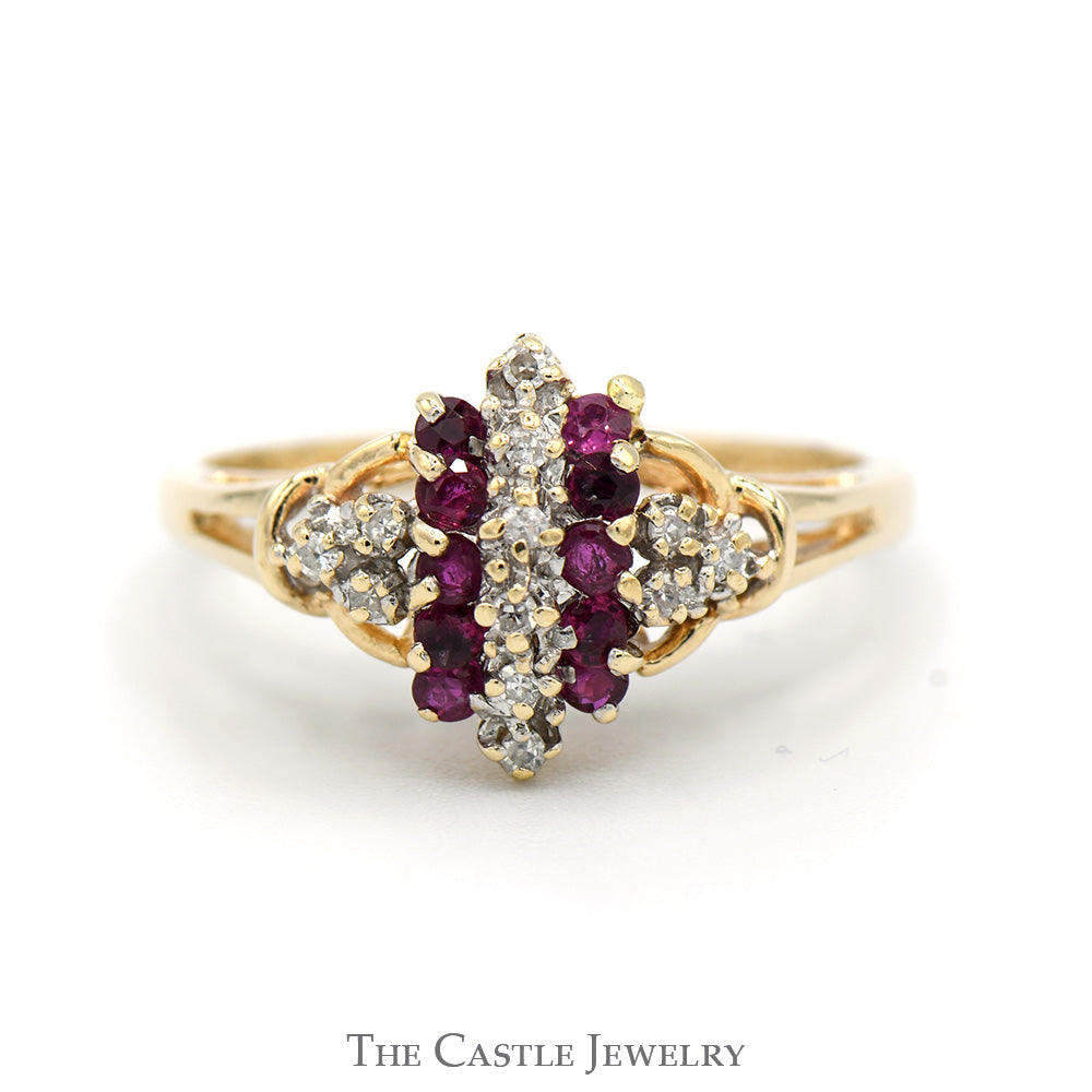 Tapered Ruby and Diamond Cluster Ring in 14k Yellow Gold
