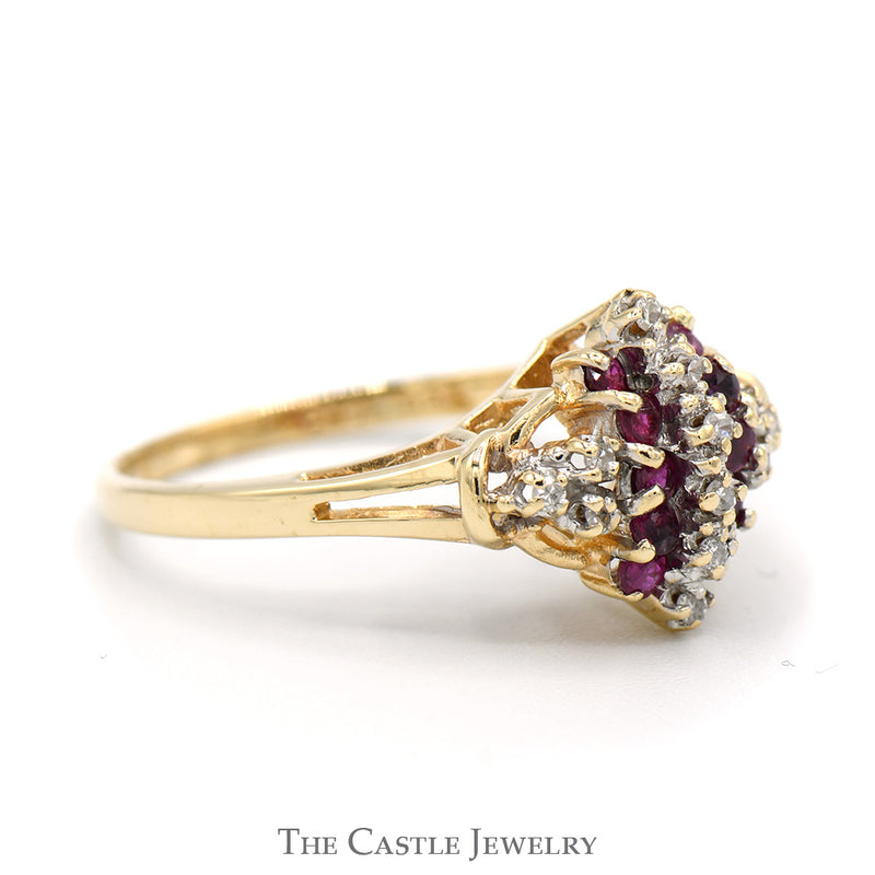 Tapered Ruby and Diamond Cluster Ring in 14k Yellow Gold