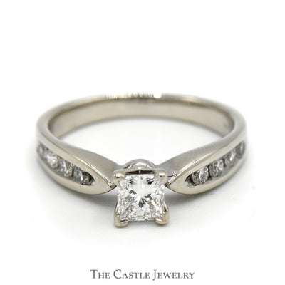 Princess Cut Diamond Solitaire Engagement Ring with Channel Set Accents in 14k White Gold