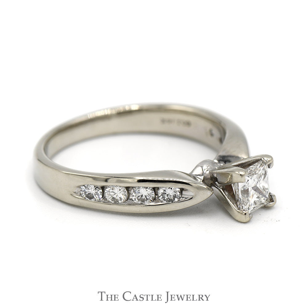 Princess Cut Diamond Solitaire Engagement Ring with Channel Set Accents in 14k White Gold