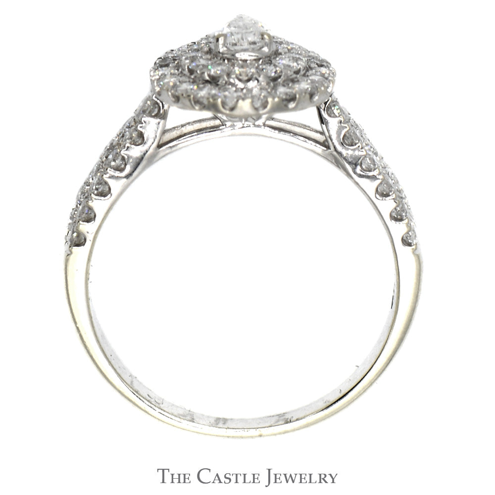 1cttw Pear Cut Diamond Engagement Ring with Double Halo and Accented Split Shank Sides in 10k White Gold