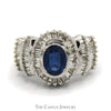 Oval Sapphire Ring with Baguette Diamond Halo and Accents in 14k White Gold - Thumbnail 1