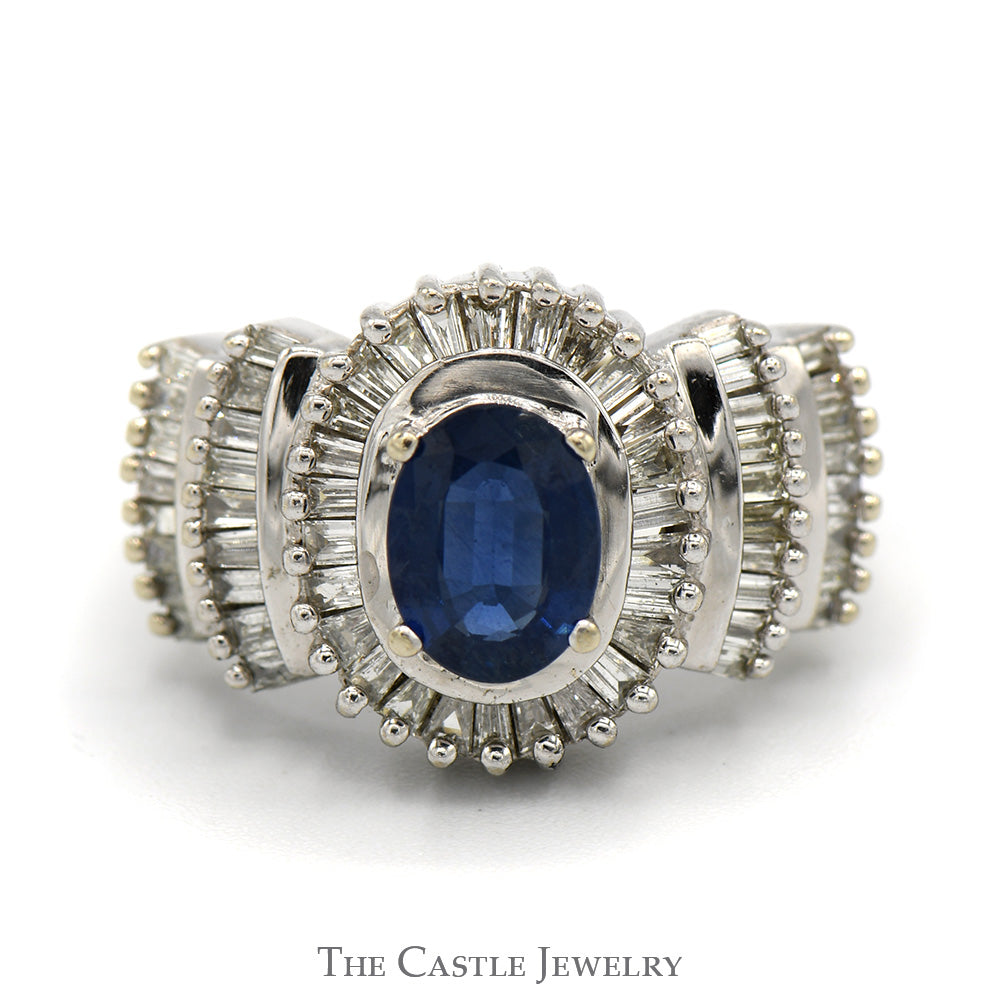 Oval Sapphire Ring with Baguette Diamond Halo and Accents in 14k White Gold