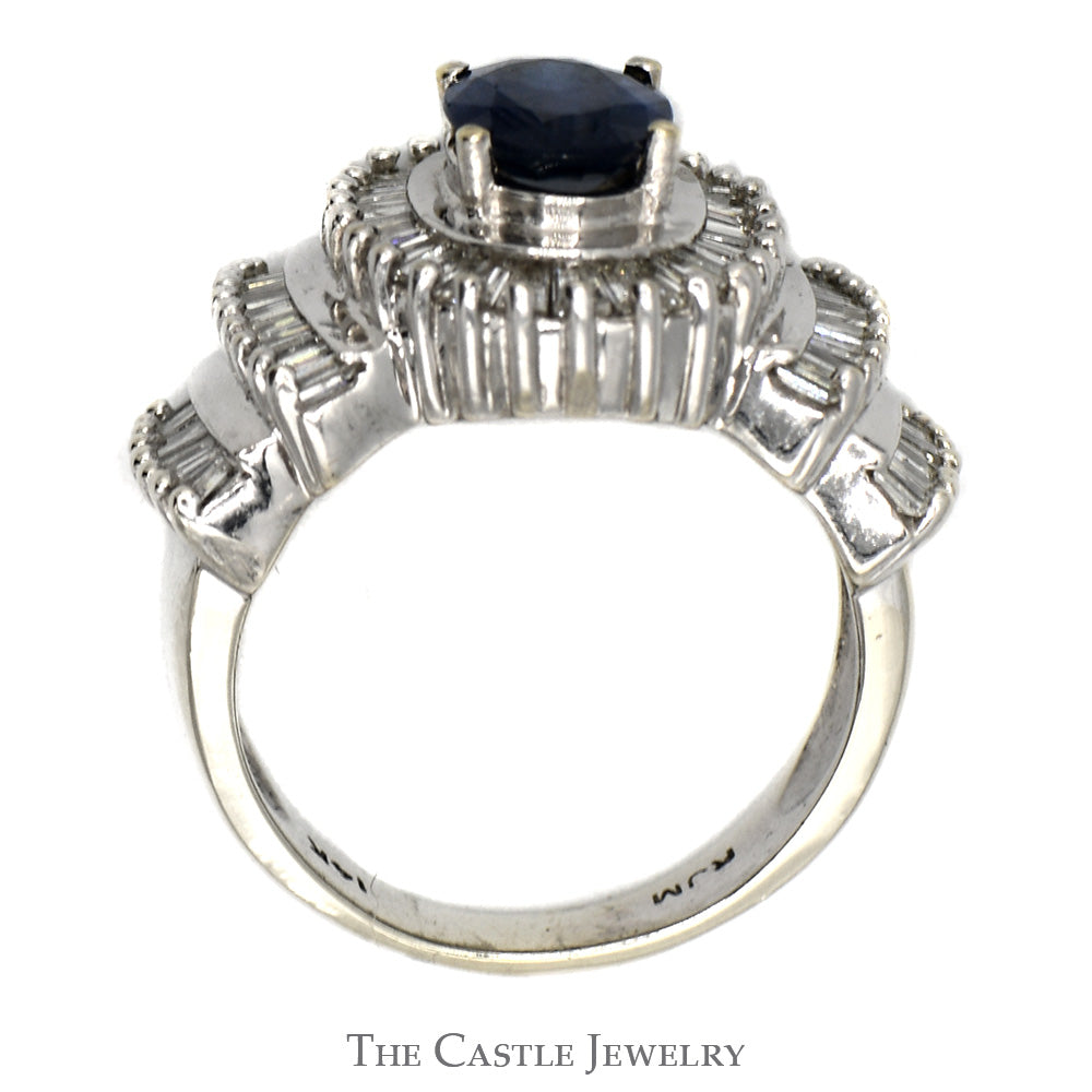 Oval Sapphire Ring with Baguette Diamond Halo and Accents in 14k White Gold
