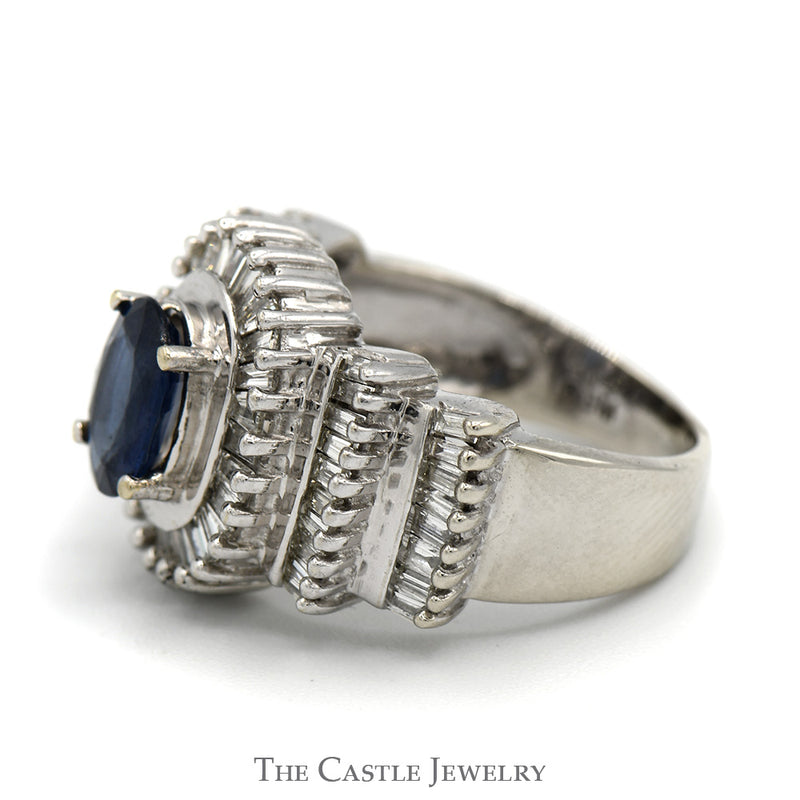 Oval Sapphire Ring with Baguette Diamond Halo and Accents in 14k White Gold