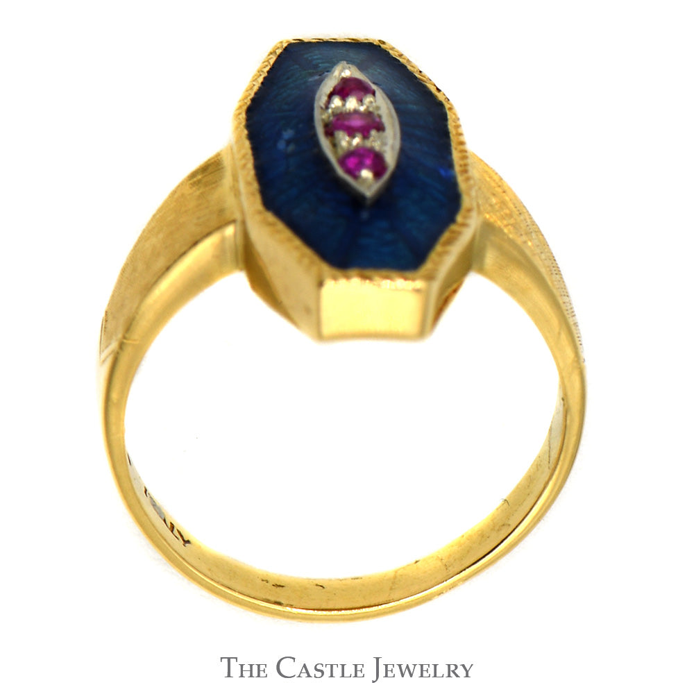 Ruby Shield Ring with Blue Enamel Detail in 18k Yellow Gold