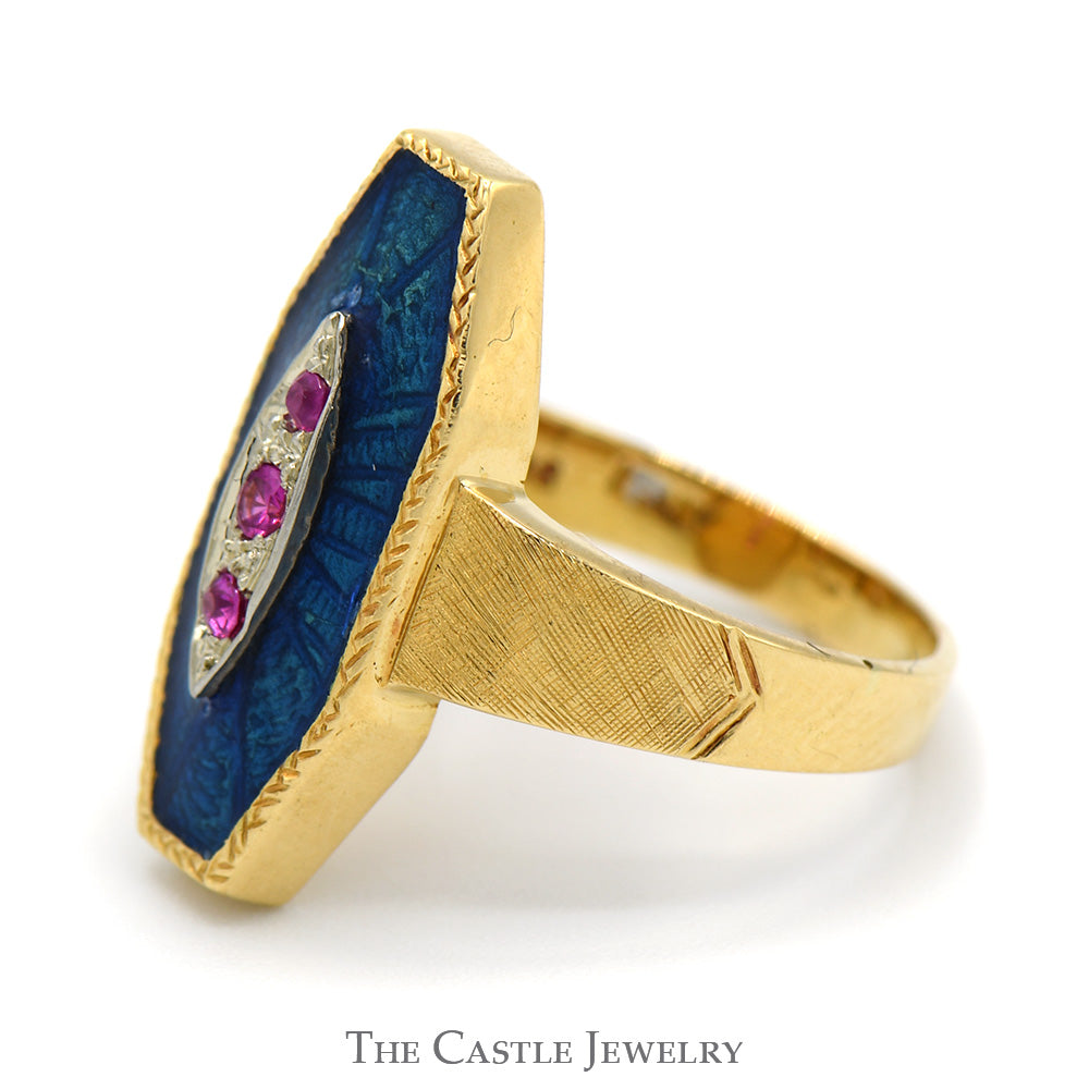Ruby Shield Ring with Blue Enamel Detail in 18k Yellow Gold