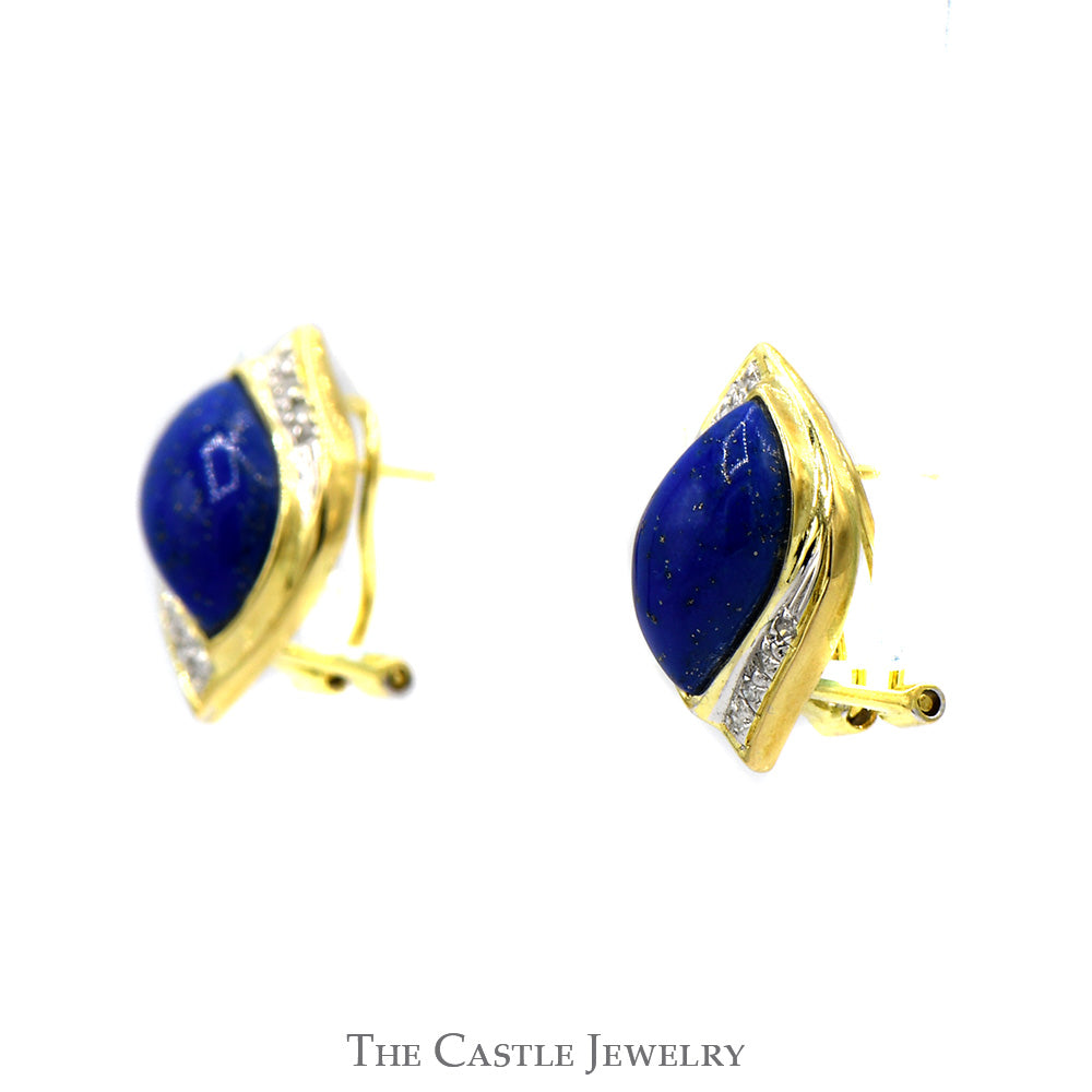 Marquise Shaped Lapis Earrings with Diamond Accents in 14k Yellow Gold
