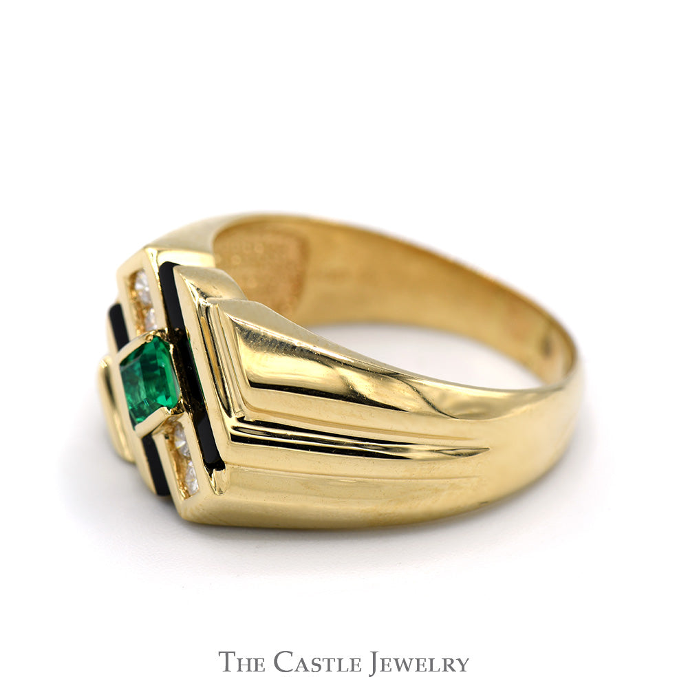 Square Cut Emerald Ring with Onyx and Diamond Accents in 14k Yellow Gold
