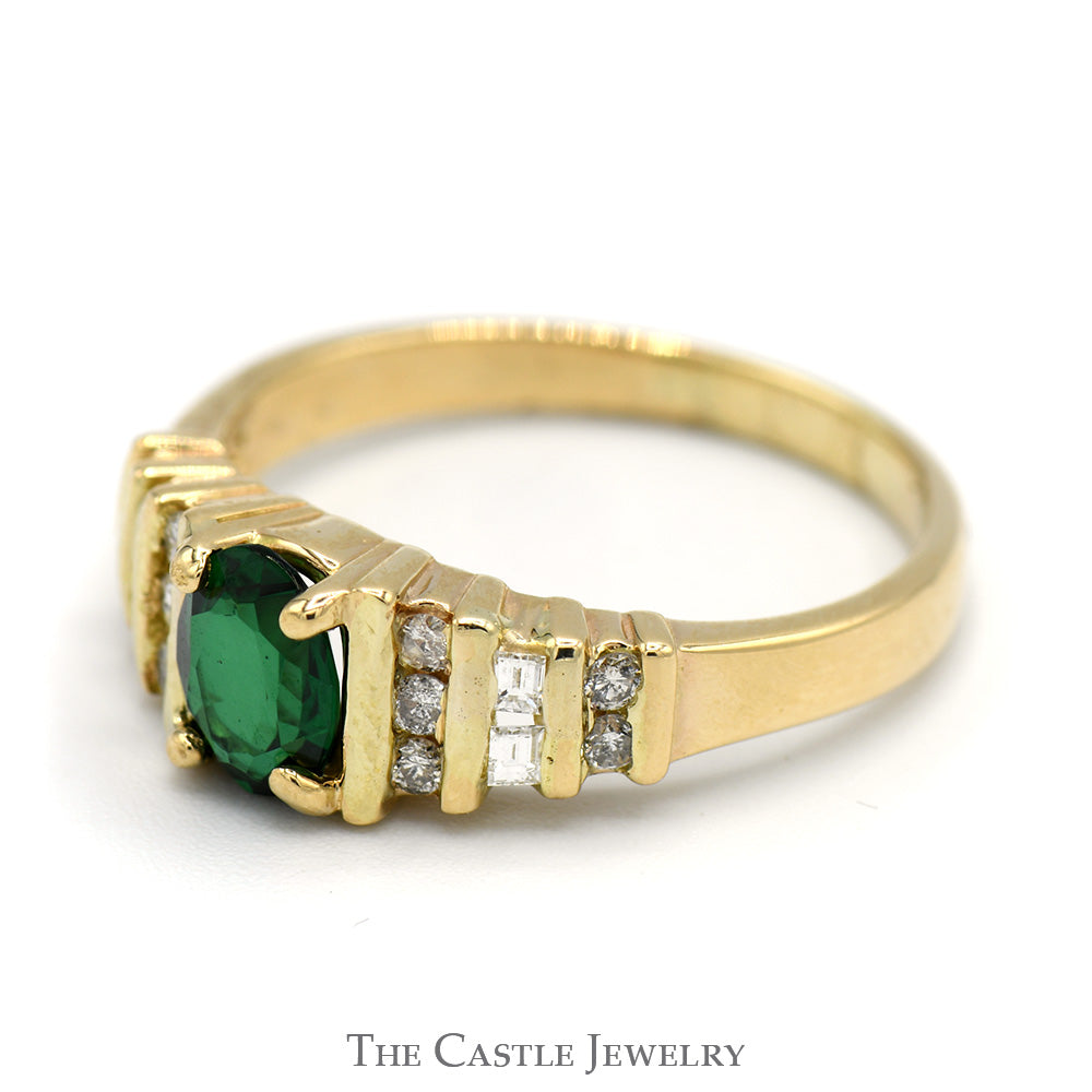 Tsavorite Garnet Ring with Channel Set Round and Baguette Diamond Sides in 14k Yellow Gold