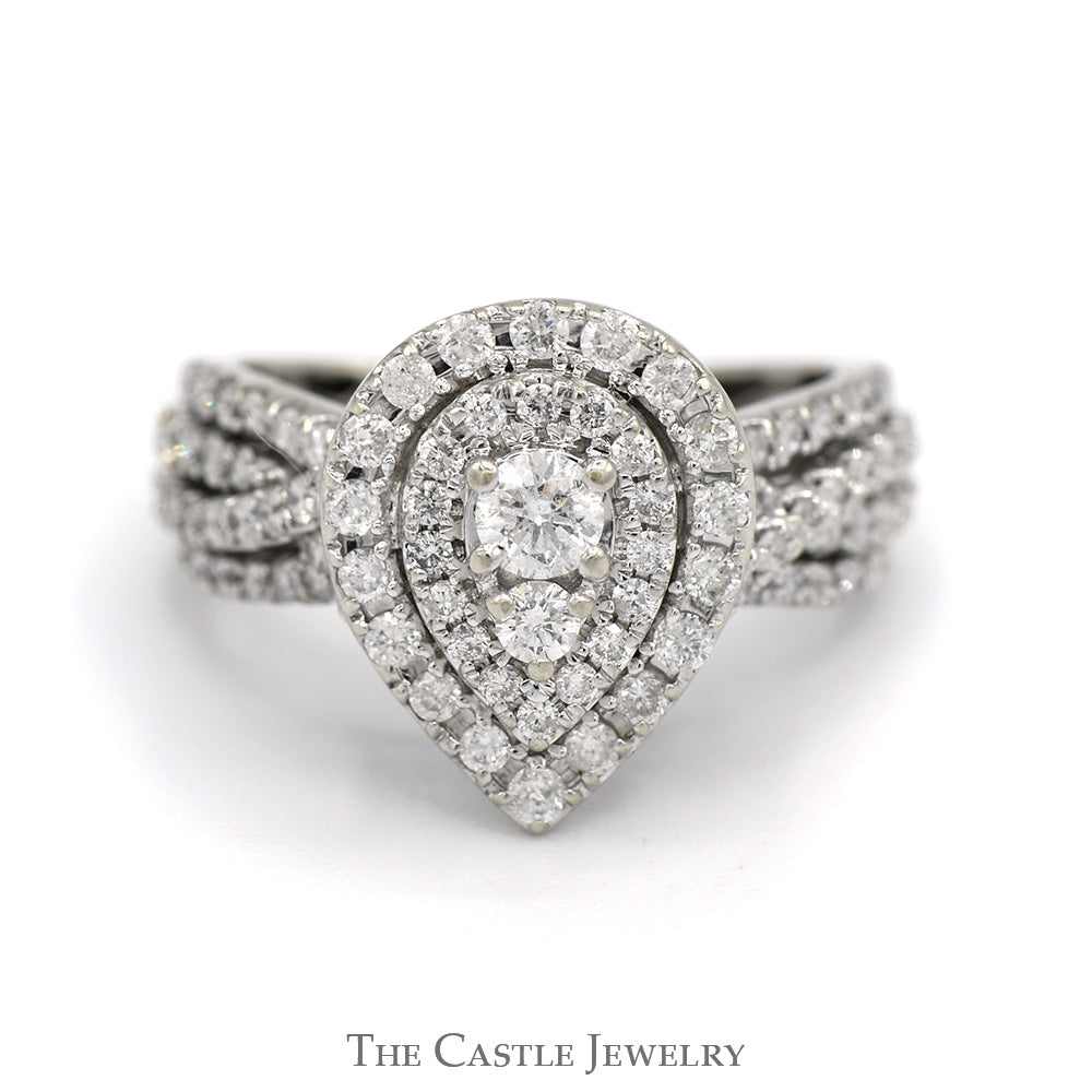 1cttw Pear Shaped Diamond Cluster Ring with Diamond Accented Twisted Sides in 14k White Gold
