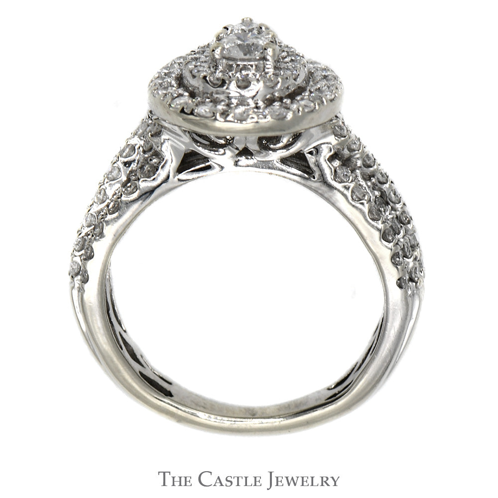1cttw Pear Shaped Diamond Cluster Ring with Diamond Accented Twisted Sides in 14k White Gold