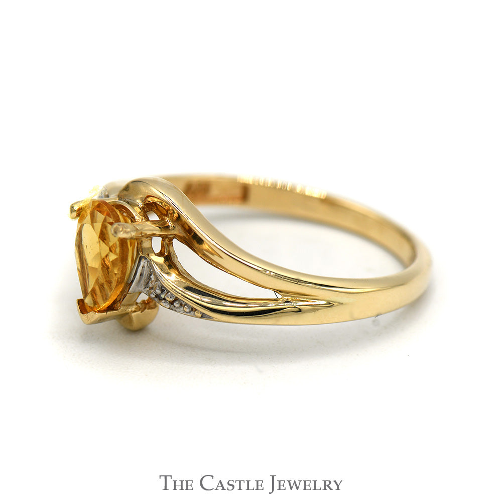 Dainty Pear Shaped Citrine Ring in Gold Crossover Diamond Illusion Mounting