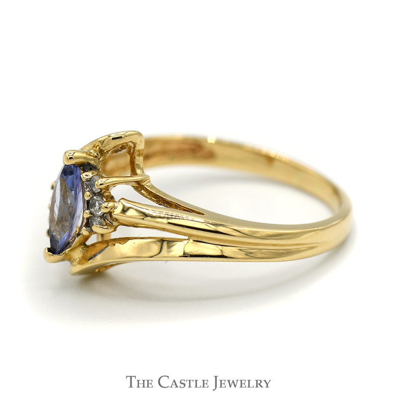 Marquise Shaped Tanzanite Ring with Diamond Accents and Split Shank Sides in 14k Yellow Gold