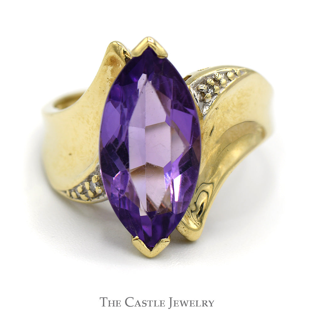 Marquise Shaped Amethyst Ring with Illusion Set Diamond Accents in 10k Yellow Gold