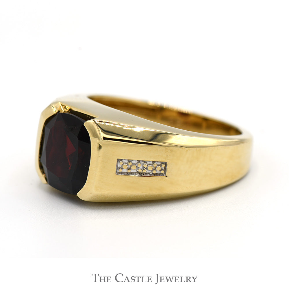 Men's Cushion Cut Garnet Ring with Illusion Set Diamond Accents in 10k Yellow Gold