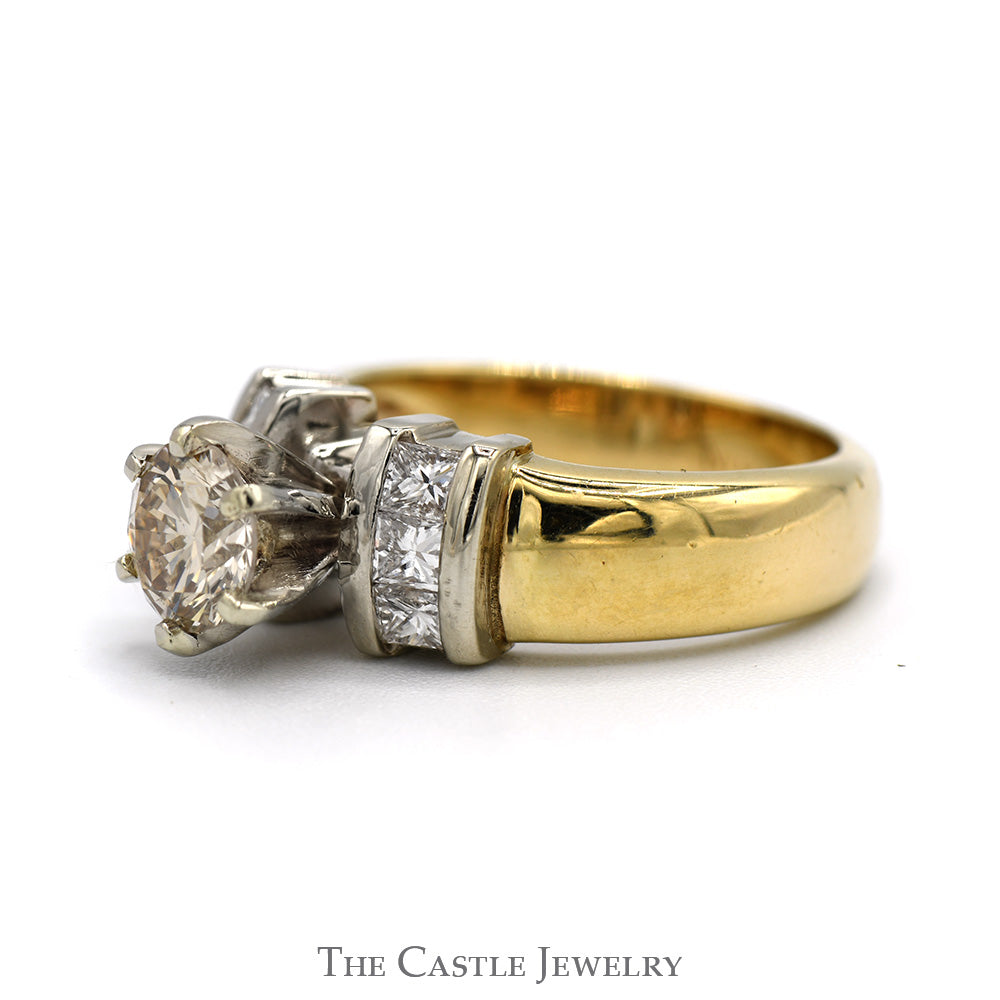 Round Cognac Diamond Engagement Ring with Princess Cut Diamond Accents in 14k Yellow Gold