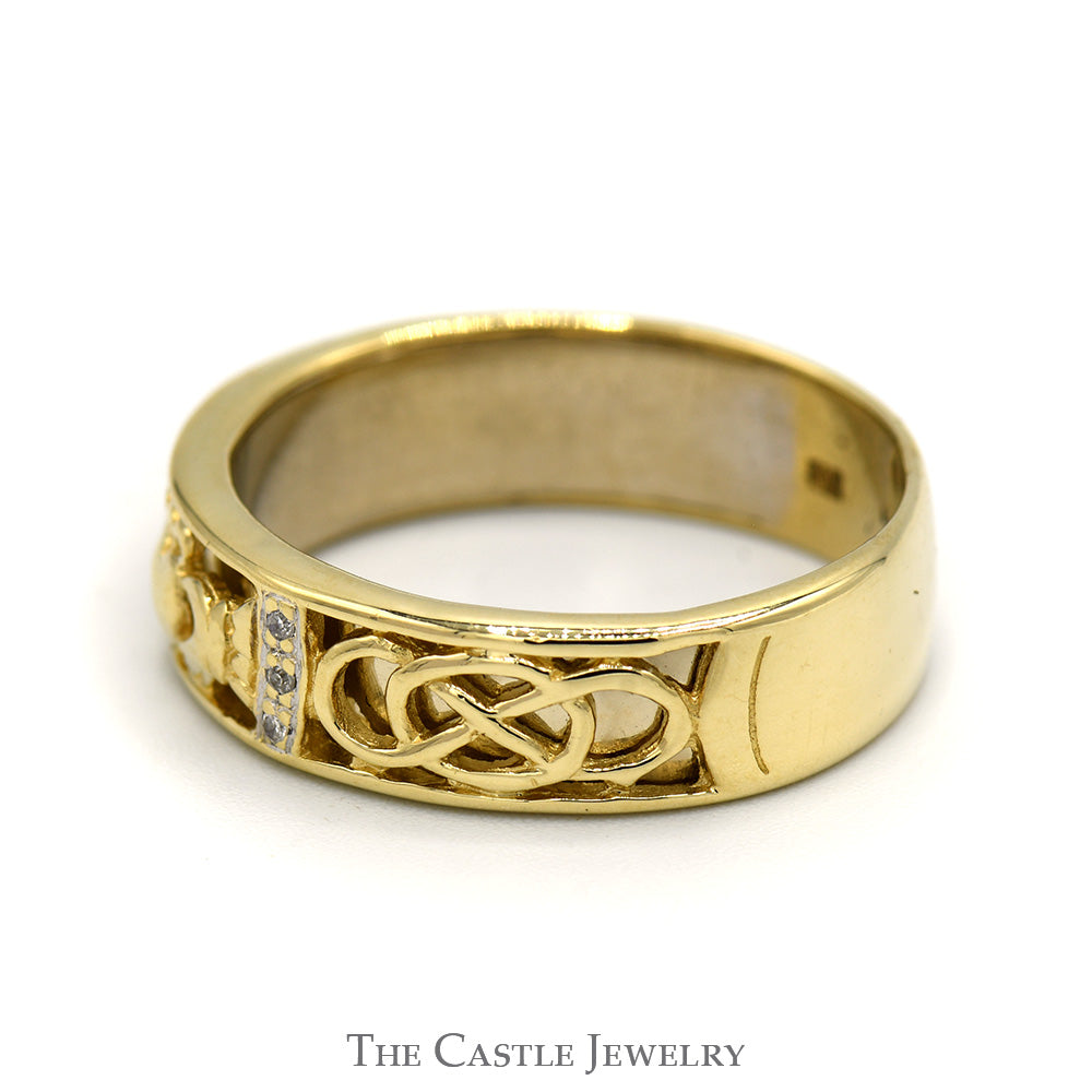 Claddagh Designed Wedding Band with Diamond Accented Celtic Knots in 14k Yellow Gold