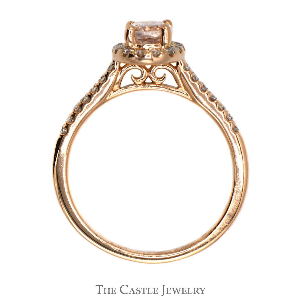 Oval Morganite Ring with Diamond Halo and Accented Sides in 14k Rose Gold