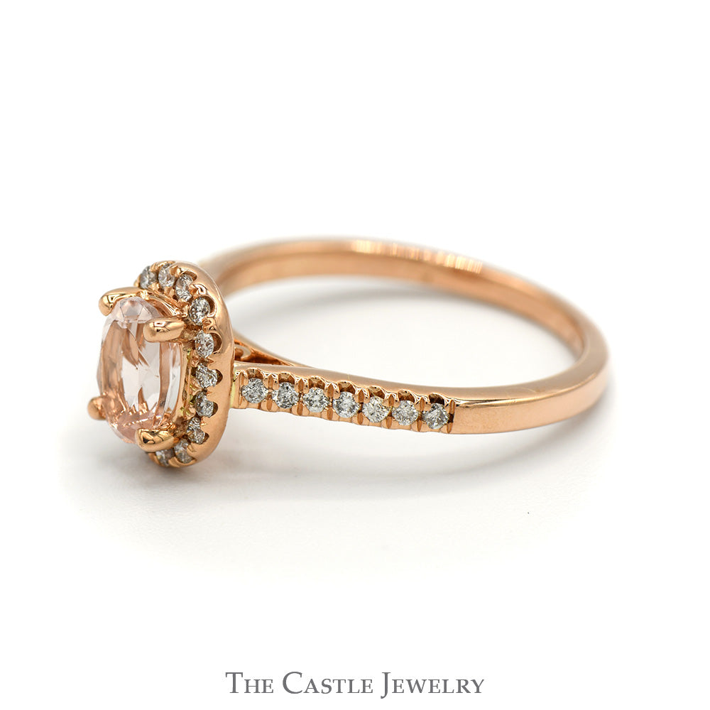 Oval Morganite Ring with Diamond Halo and Accented Sides in 14k Rose Gold
