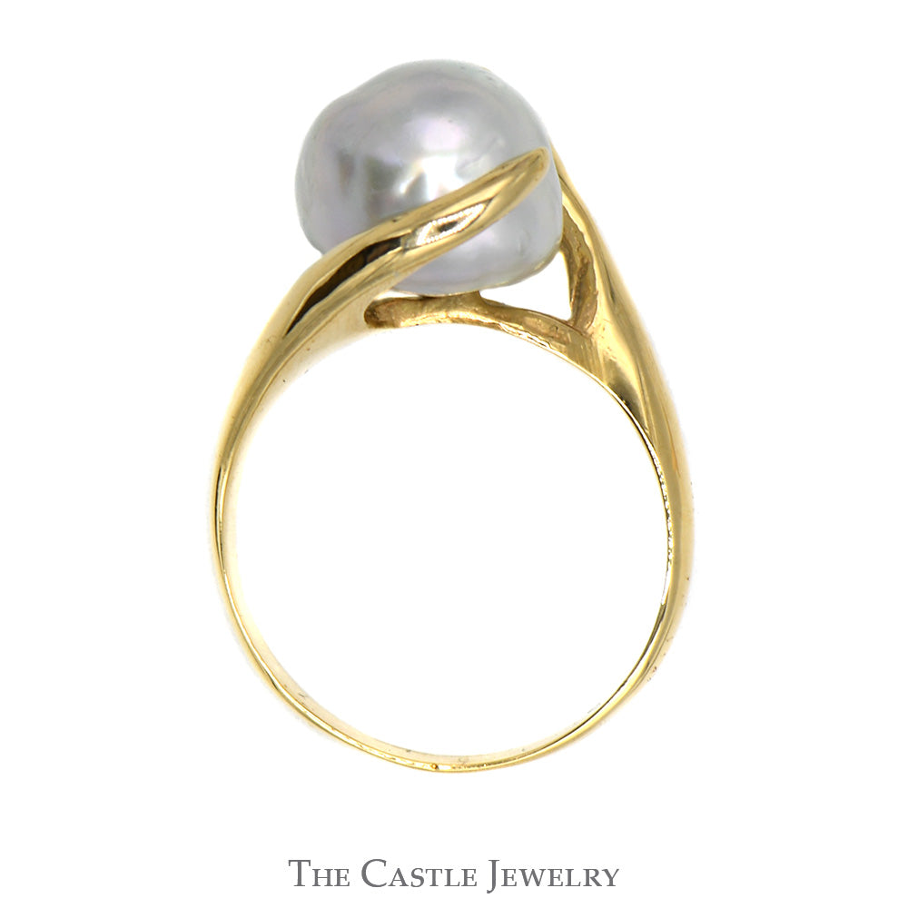 Baroque Gray Pearl Ring with Bypass Designed Vine Mounting in 14k Yellow Gold
