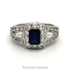 Emerald Cut Sapphire Ring with White Topaz Halo & Baguette Accents in 14k White Gold - Thumbnail 1