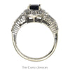 Emerald Cut Sapphire Ring with White Topaz Halo & Baguette Accents in 14k White Gold - Thumbnail 2