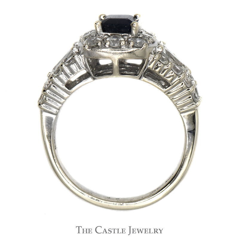 Emerald Cut Sapphire Ring with White Topaz Halo & Baguette Accents in 14k White Gold