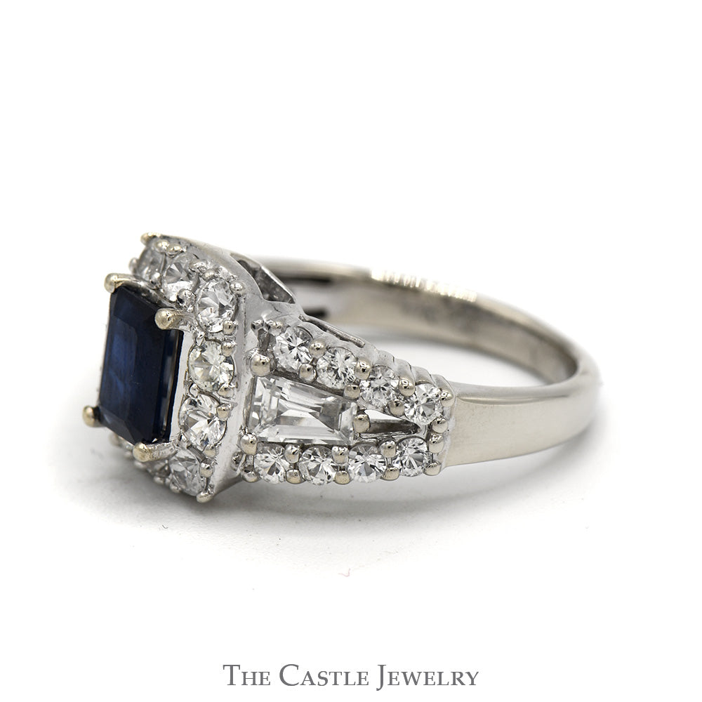 Emerald Cut Sapphire Ring with White Topaz Halo & Baguette Accents in 14k White Gold