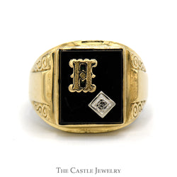 Gent's H Initial Ring With Inlay Black Onyx And .01 CT Diamond In 10KT Yellow Gold