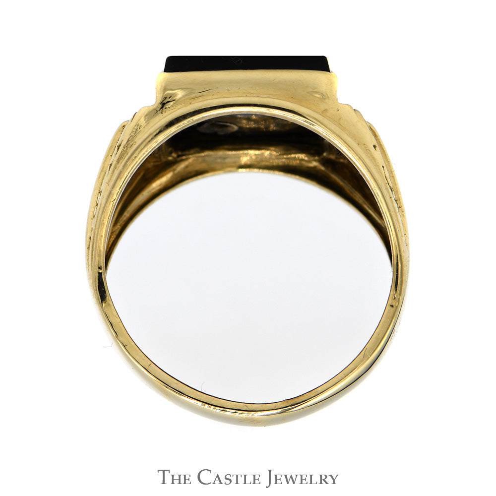 Gent's H Initial Ring With Inlay Black Onyx And .01 CT Diamond In 10KT Yellow Gold