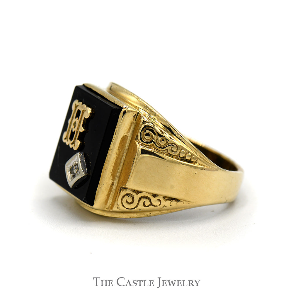 Gent's H Initial Ring With Inlay Black Onyx And .01 CT Diamond In 10KT Yellow Gold