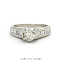 Round Diamond Solitaire Engagement Ring with Baguette Cut Diamond Accents in Platinum