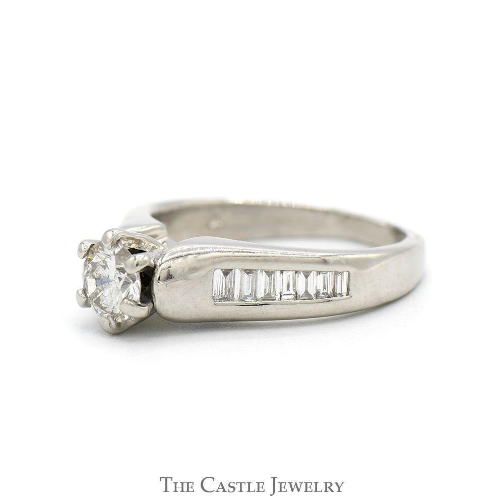 Round Diamond Solitaire Engagement Ring with Baguette Cut Diamond Accents in Platinum