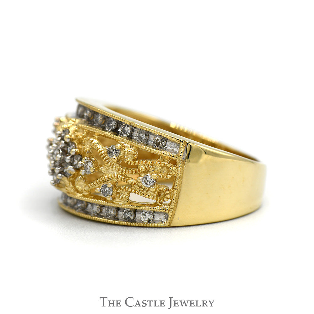 Flower Diamond Cluster Band with Open Filigree Design in 14k Yellow Gold