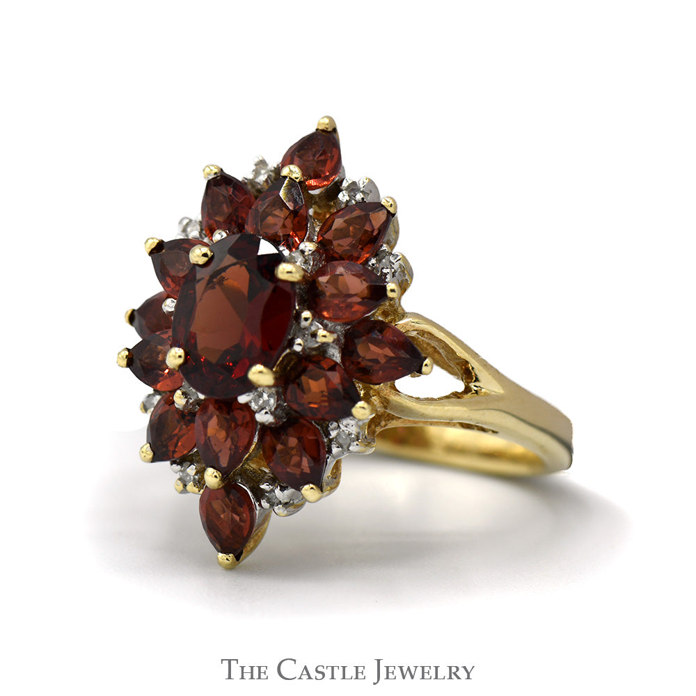 Oval and Pear Garnet Cluster Ring with Diamond Accents in 10k Yellow Gold