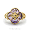 Clover Cut Amethyst Ring with Diamond Accents and Butterfly Designed Sides in 14k Yellow Gold - Thumbnail 1