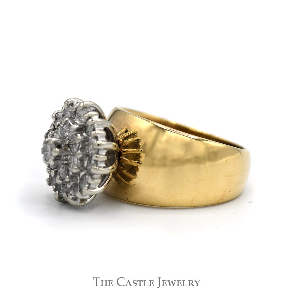 3/4cttw Round Diamond Cluster Ring with Wide Polished Sides in 10k Yellow Gold