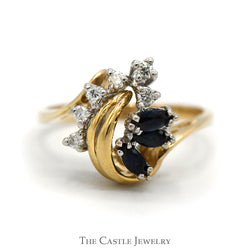 Triple Marquise Sapphire Ring with Diamond Accents in Swirled Abstract 14k Yellow Gold Mounting
