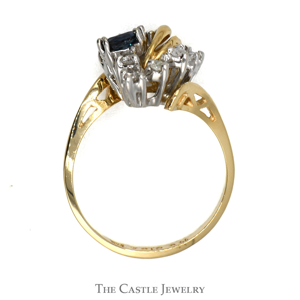 Triple Marquise Sapphire Ring with Diamond Accents in Swirled Abstract 14k Yellow Gold Mounting