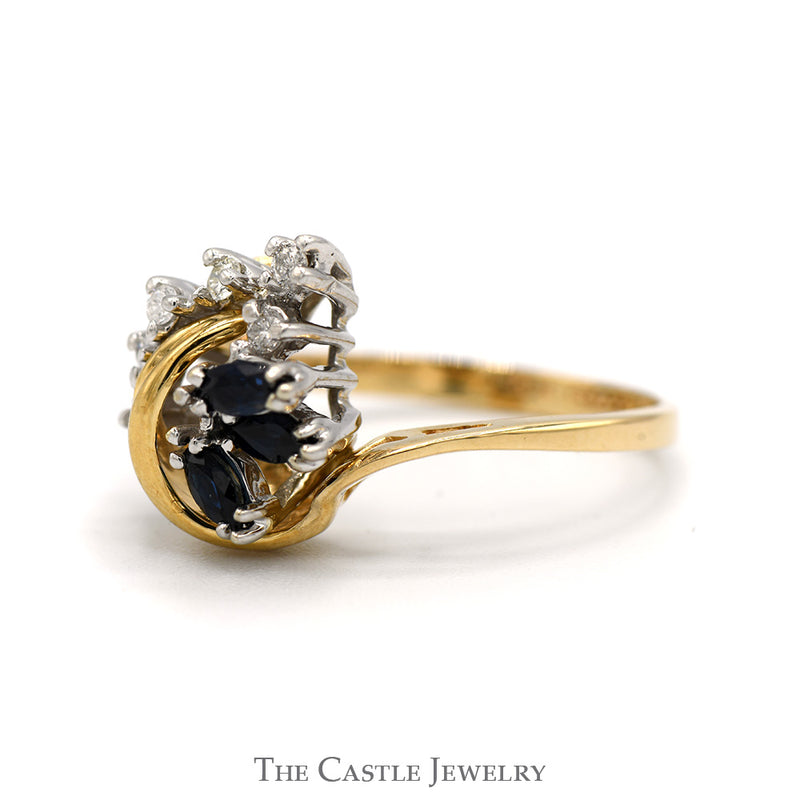 Triple Marquise Sapphire Ring with Diamond Accents in Swirled Abstract 14k Yellow Gold Mounting